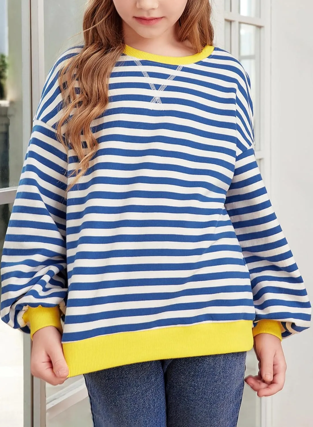 blibean Girls Cotton Long Sleeve Sweathirts Striped Color Block Tops Size 6-15 Years