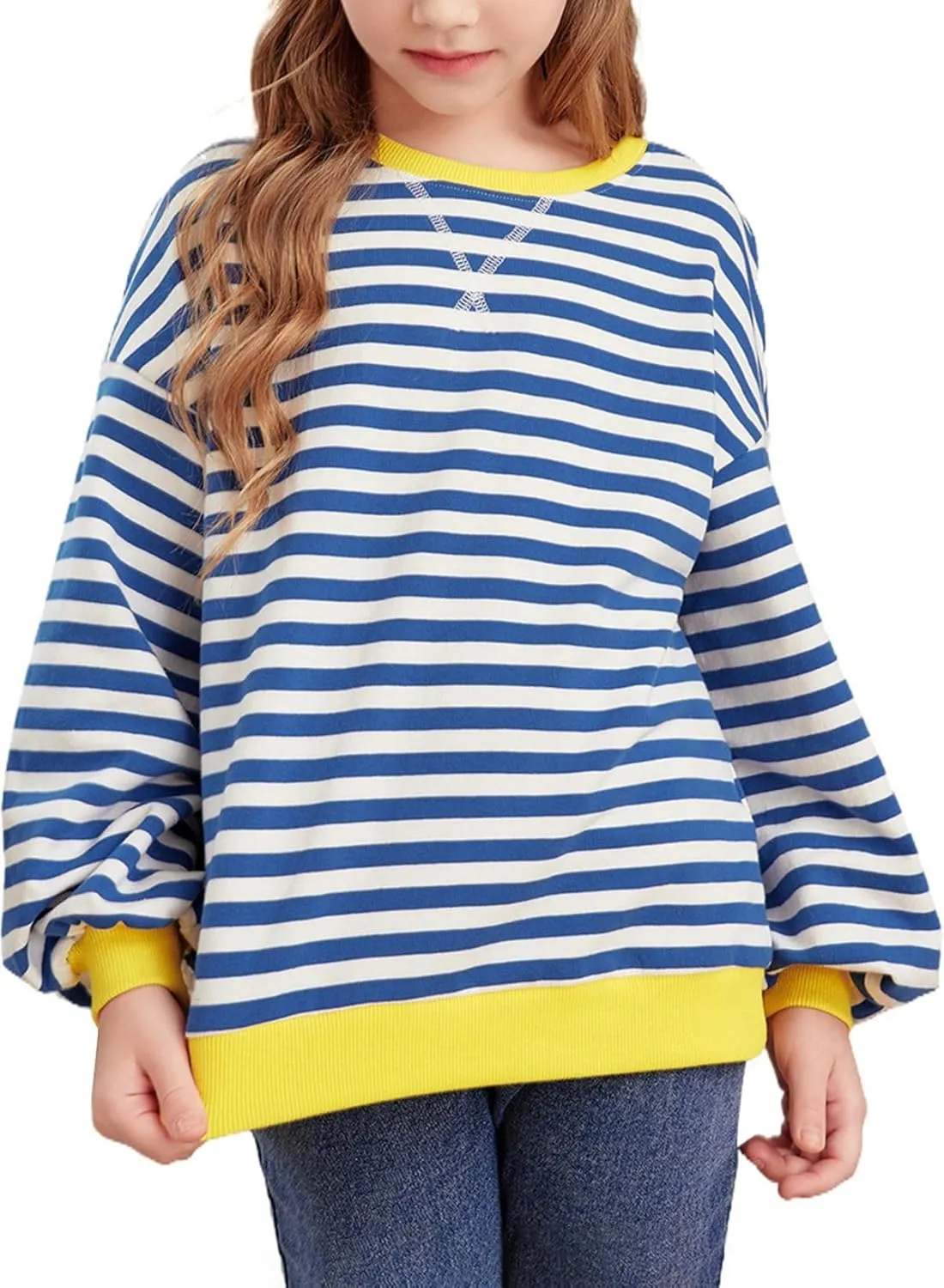 blibean Girls Cotton Long Sleeve Sweathirts Striped Color Block Tops Size 6-15 Years