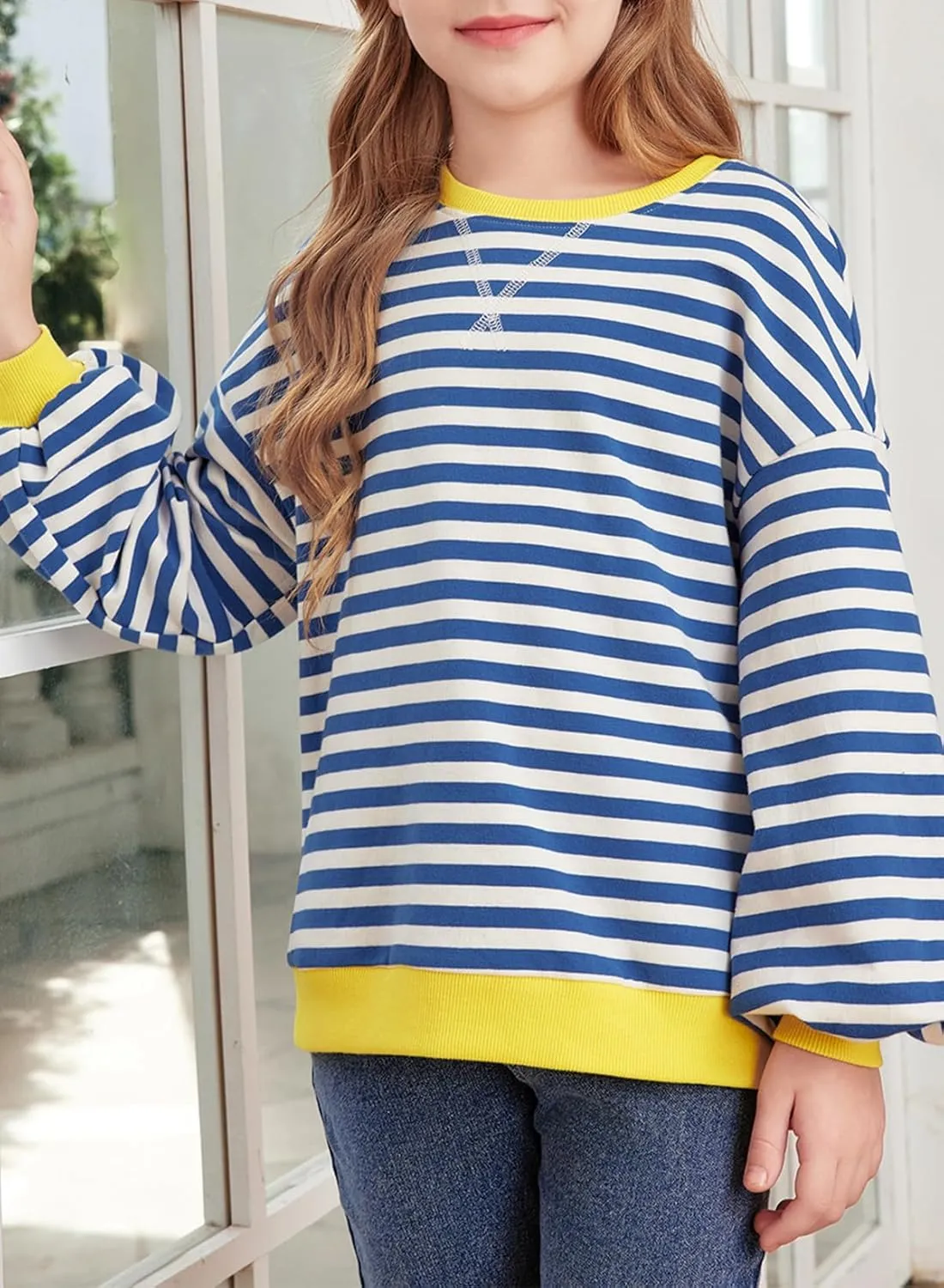blibean Girls Cotton Long Sleeve Sweathirts Striped Color Block Tops Size 6-15 Years