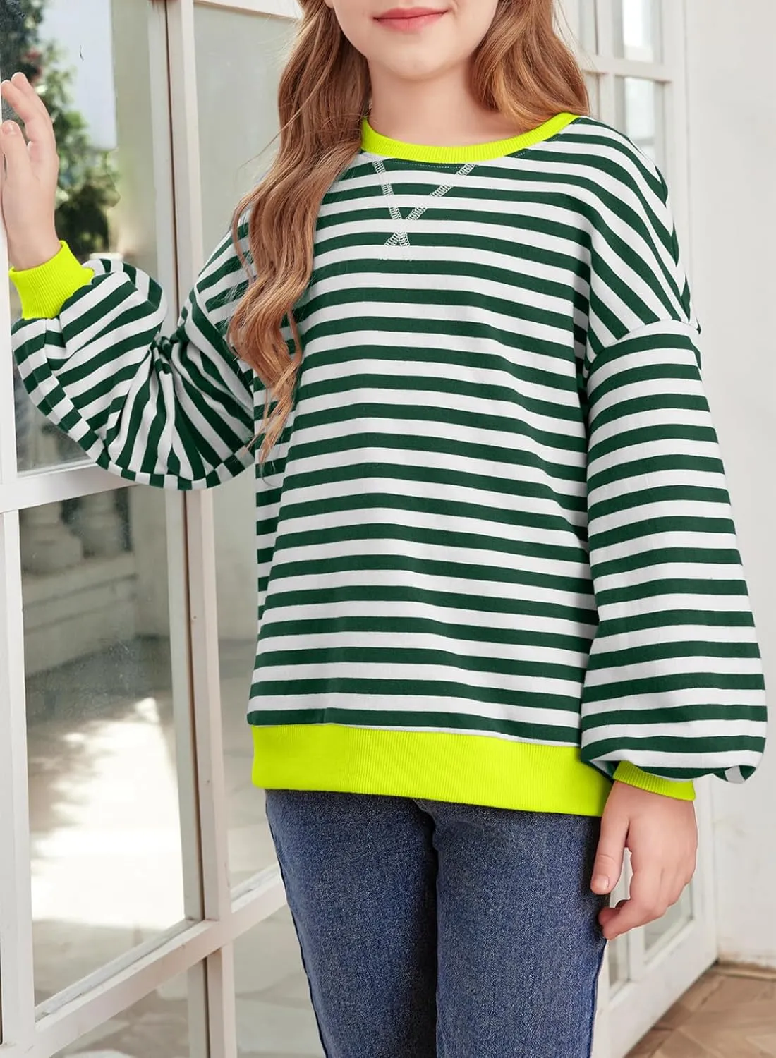 blibean Girls Cotton Long Sleeve Sweathirts Striped Color Block Tops Size 6-15 Years