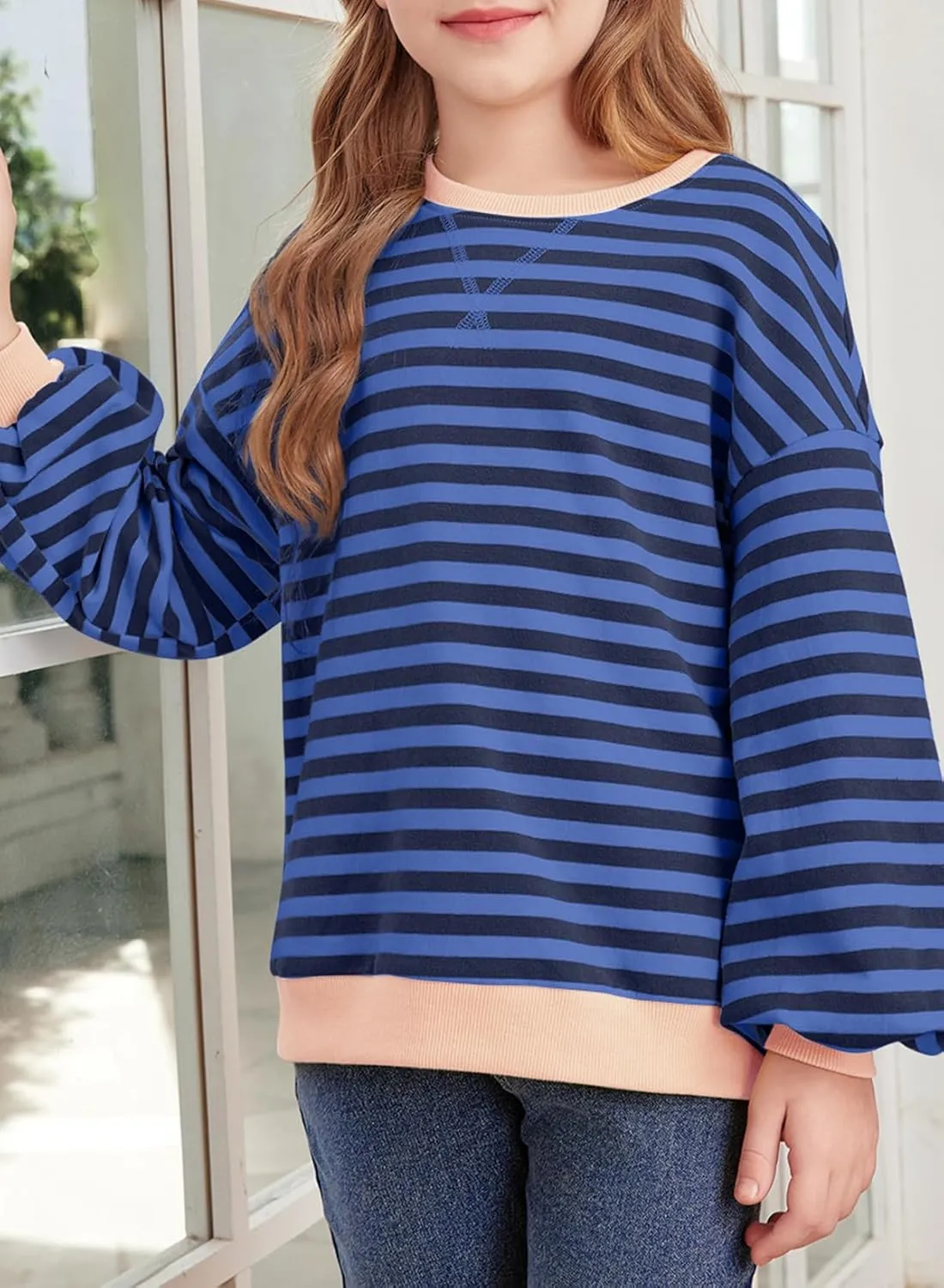 blibean Girls Cotton Long Sleeve Sweathirts Striped Color Block Tops Size 6-15 Years