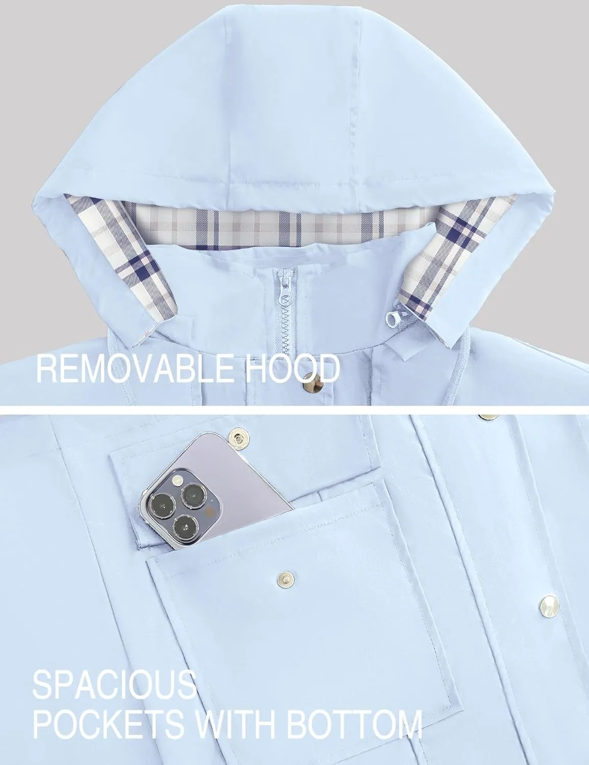 Bloggerlove Rain Jacket Women Lightweight Raincoats Outdoor Waterproof Windbreaker Hooded Plaid Lined Trench Coat S-XXL
