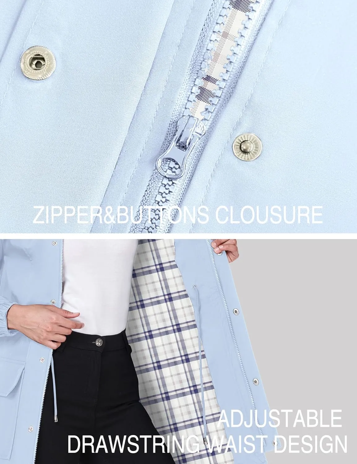 Bloggerlove Rain Jacket Women Lightweight Raincoats Outdoor Waterproof Windbreaker Hooded Plaid Lined Trench Coat S-XXL