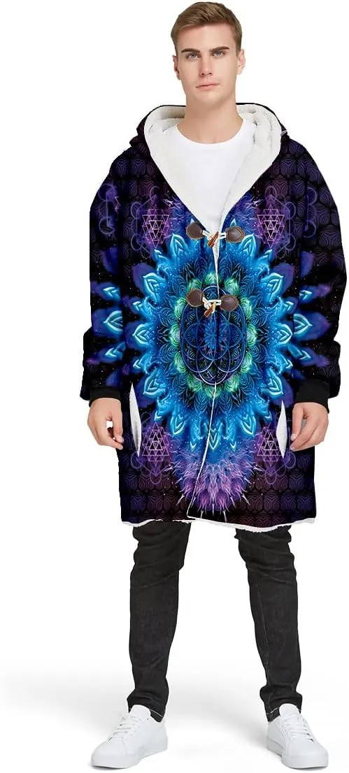BLOOM Mandala Psychedelic 3D Print Dream Cloak Thick Warm Hooded Men Overcoat Windproof Fleece Jacket