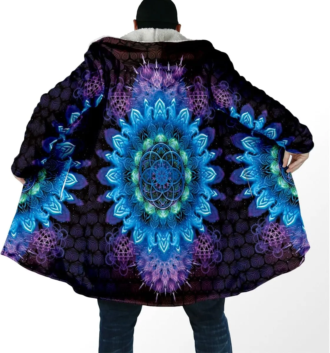 BLOOM Mandala Psychedelic 3D Print Dream Cloak Thick Warm Hooded Men Overcoat Windproof Fleece Jacket