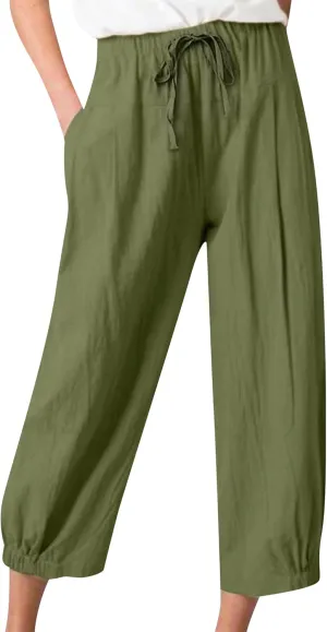 BOFETA Women Casual Cotton and Linen Pants Solid Color Cropped Trousers Elastic Waist Loose Pant