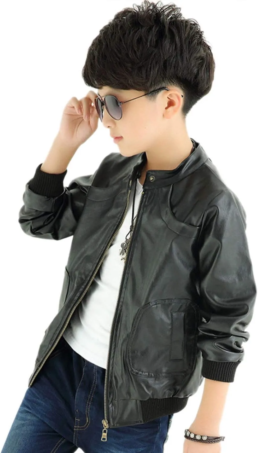 Boy's Fit Short Faux Leather Jacket Pocket