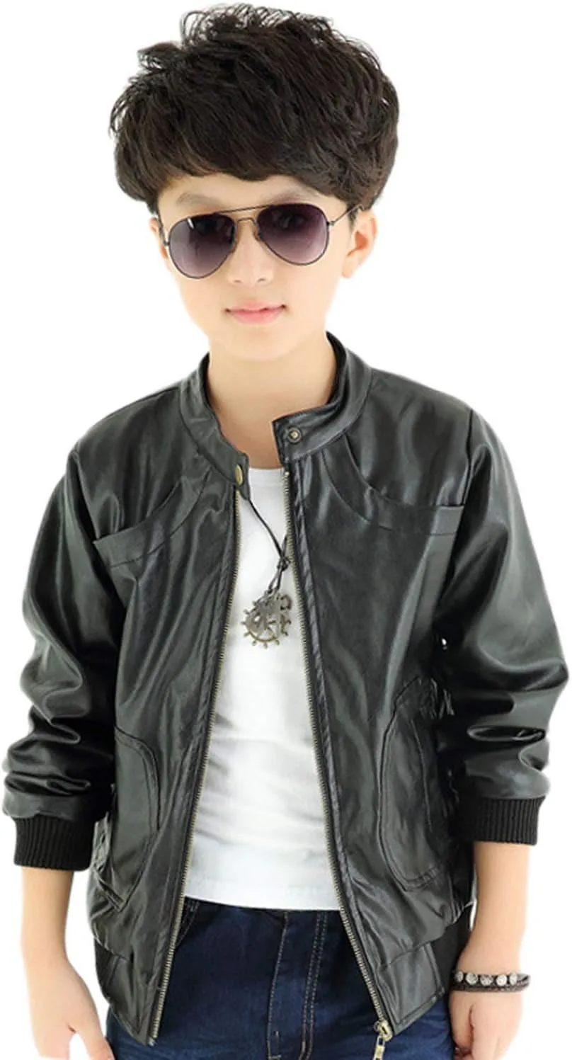 Boy's Fit Short Faux Leather Jacket Pocket