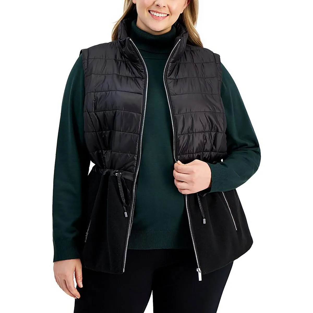 Calvin Klein Womens Plus Mixed Media Drawstring Puffer Vest