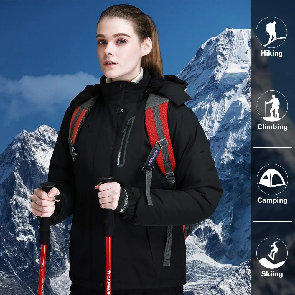 CAMEL CROWN Womens Mountain Snow Waterproof Ski Jacket Detachable Hood Windproof Fleece Parka Rain Jackt Winter Coat