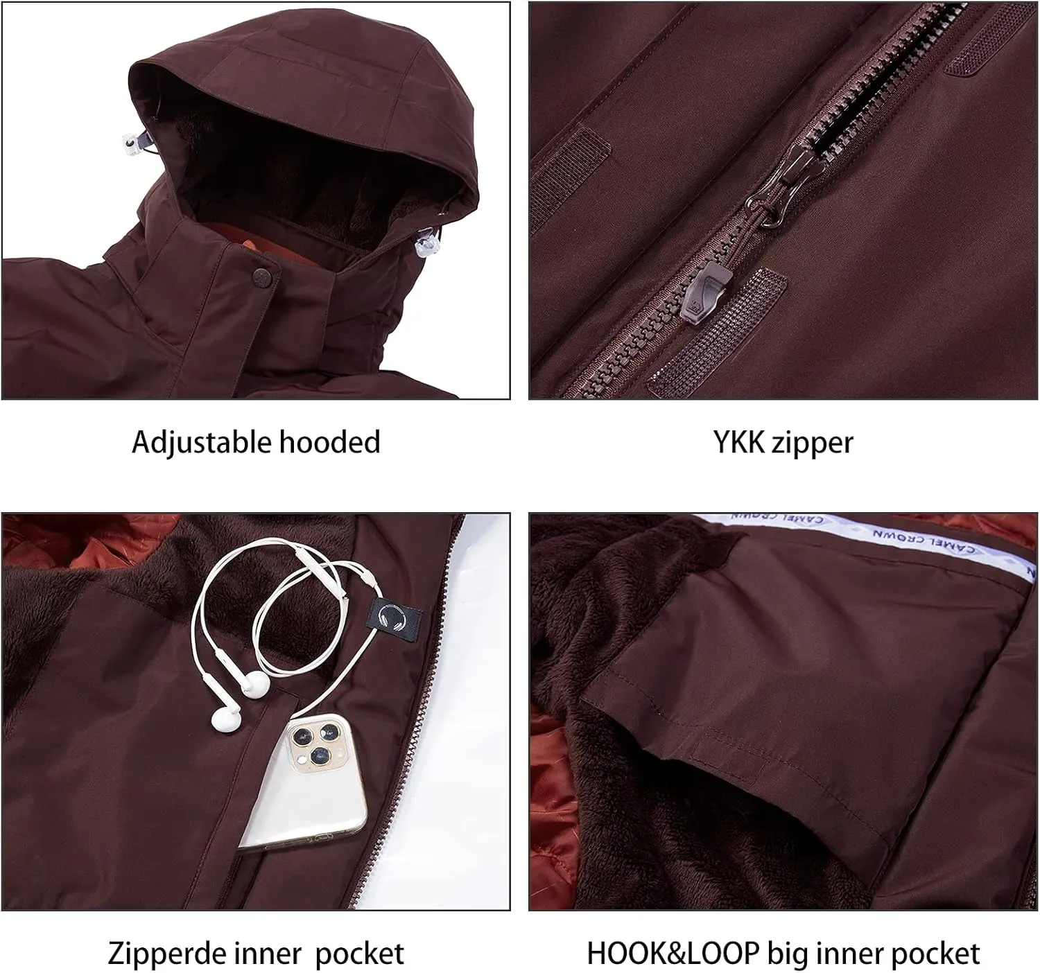 CAMEL CROWN Womens Mountain Snow Waterproof Ski Jacket Detachable Hood Windproof Fleece Parka Rain Jackt Winter Coat
