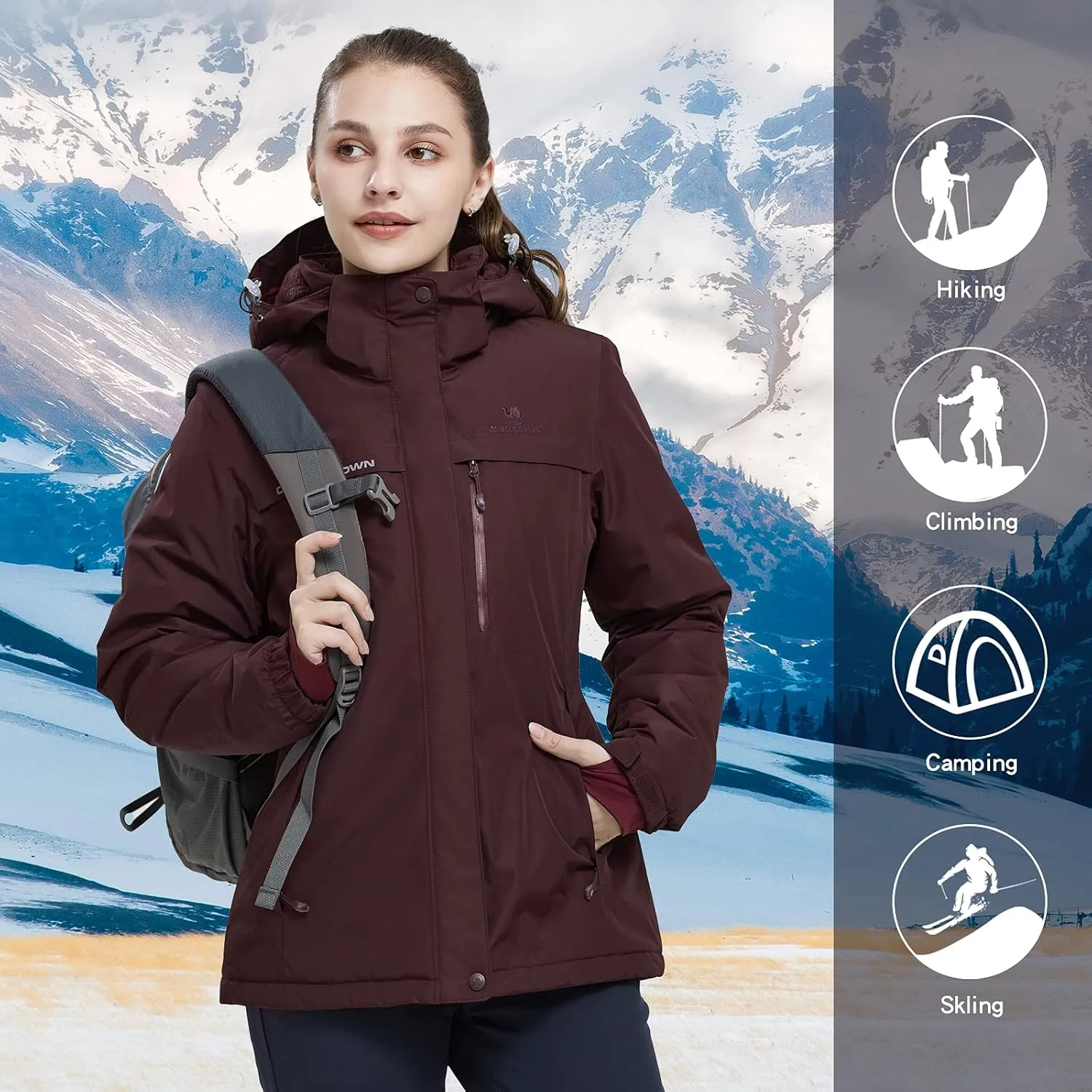 CAMEL CROWN Womens Mountain Snow Waterproof Ski Jacket Detachable Hood Windproof Fleece Parka Rain Jackt Winter Coat