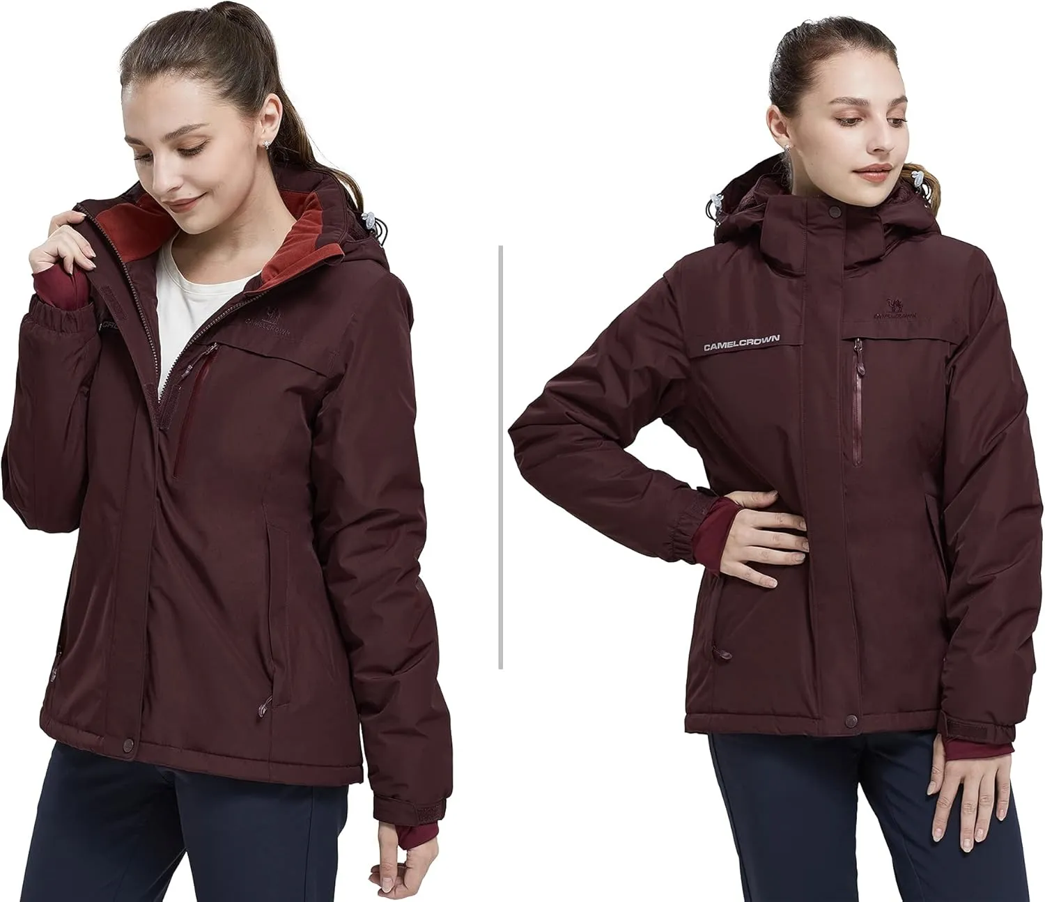CAMEL CROWN Womens Mountain Snow Waterproof Ski Jacket Detachable Hood Windproof Fleece Parka Rain Jackt Winter Coat