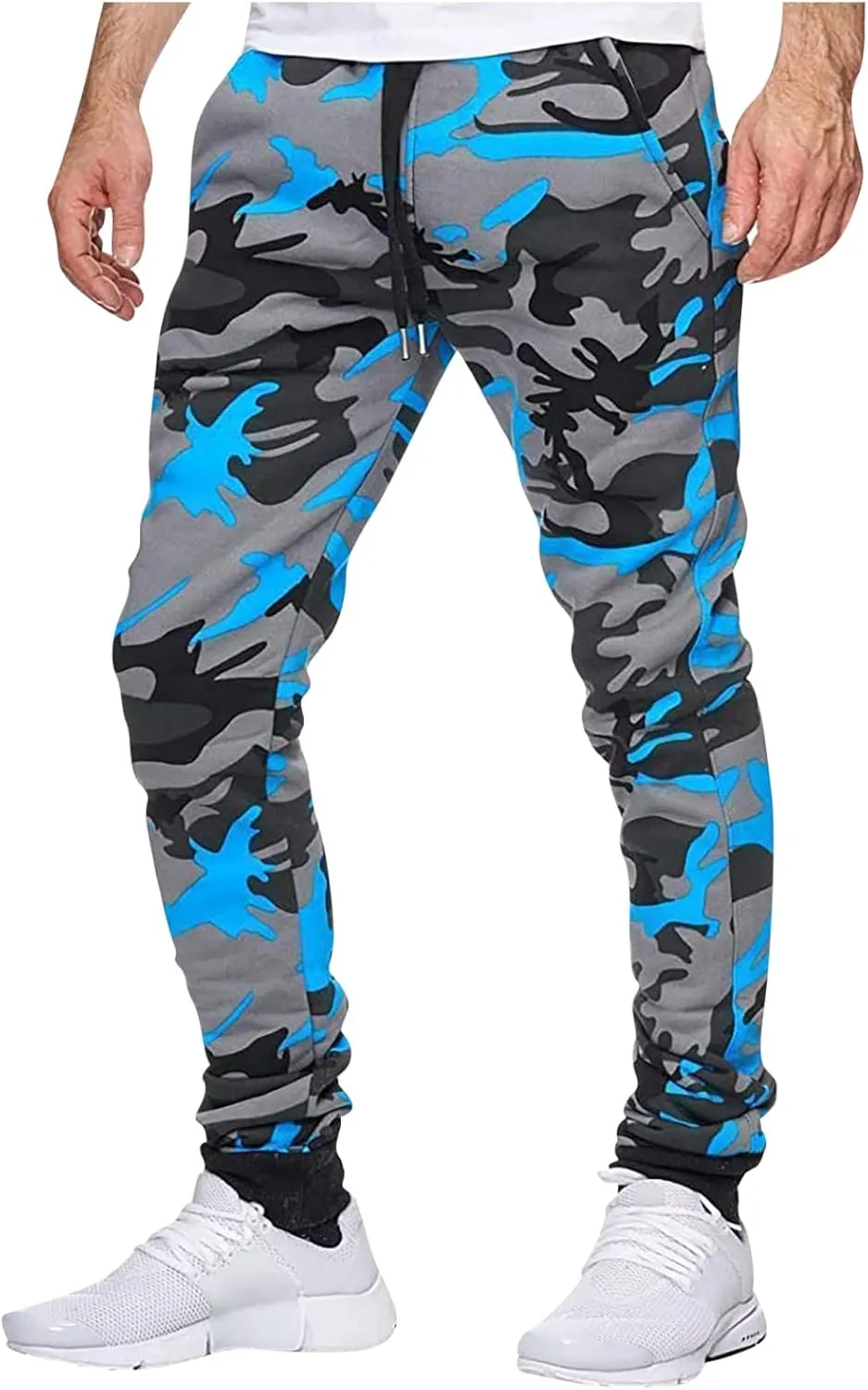 Camouflage Stretch Skinny Pants for Men Casual Drawstring Elastic Waist Beam Feet Slacks Tapered Sport Trousers