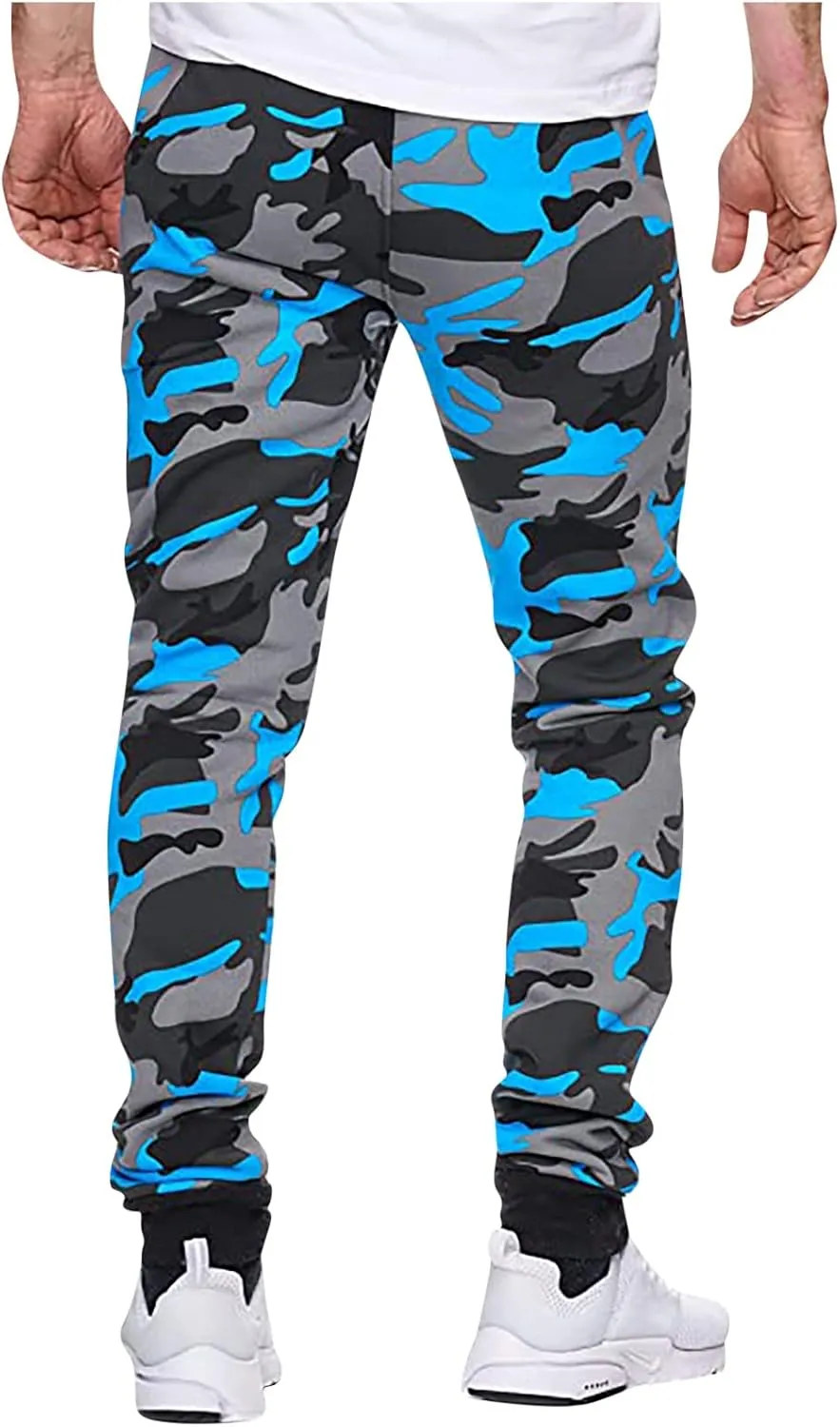 Camouflage Stretch Skinny Pants for Men Casual Drawstring Elastic Waist Beam Feet Slacks Tapered Sport Trousers