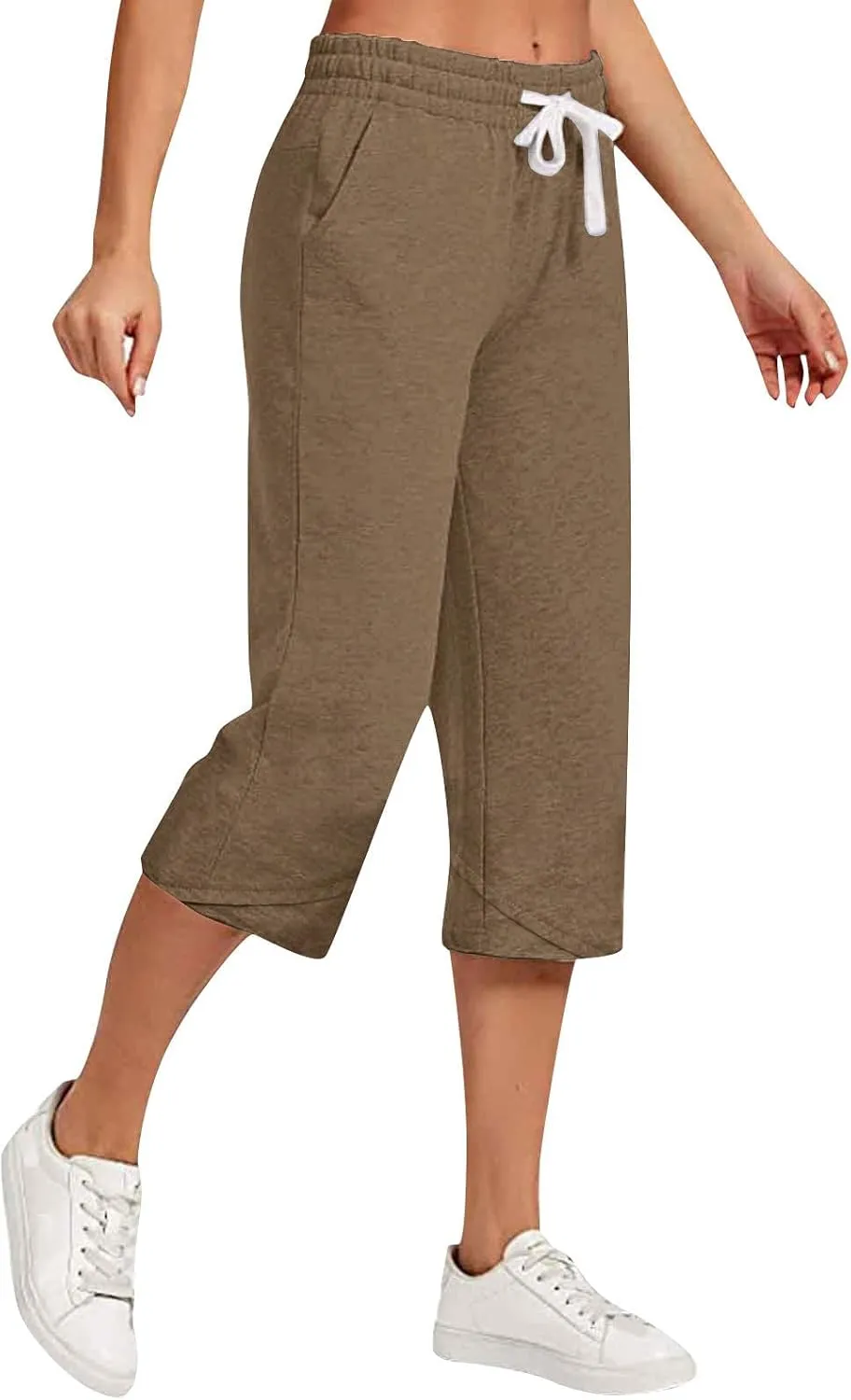 Capri Linen Pants Women Wide Leg Casual Summer Palazzo Pant Drawstring Elastic Waist Lounge Beach Trouser with Pocket
