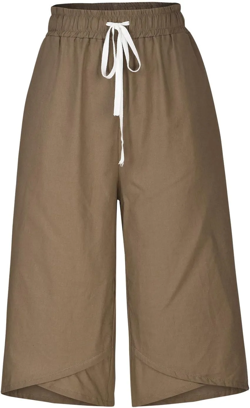 Capri Linen Pants Women Wide Leg Casual Summer Palazzo Pant Drawstring Elastic Waist Lounge Beach Trouser with Pocket