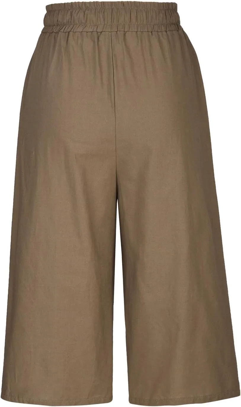 Capri Linen Pants Women Wide Leg Casual Summer Palazzo Pant Drawstring Elastic Waist Lounge Beach Trouser with Pocket