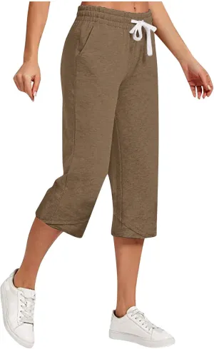 Capri Linen Pants Women Wide Leg Casual Summer Palazzo Pant Drawstring Elastic Waist Lounge Beach Trouser with Pocket