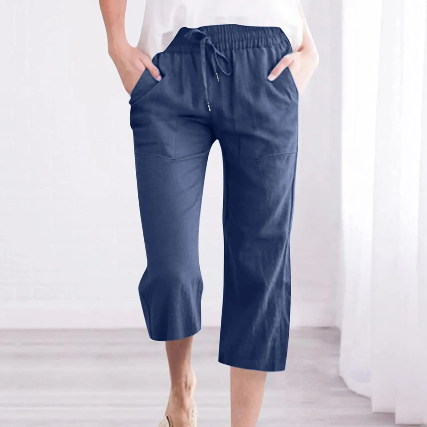 Capri Pants for Women 2025 Summer Casual Cotton Linen Capris Baggy Drawstring Elastic Waist Straight Leg Cropped Trousers
