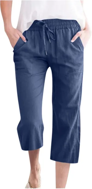Capri Pants for Women 2025 Summer Casual Cotton Linen Capris Baggy Drawstring Elastic Waist Straight Leg Cropped Trousers