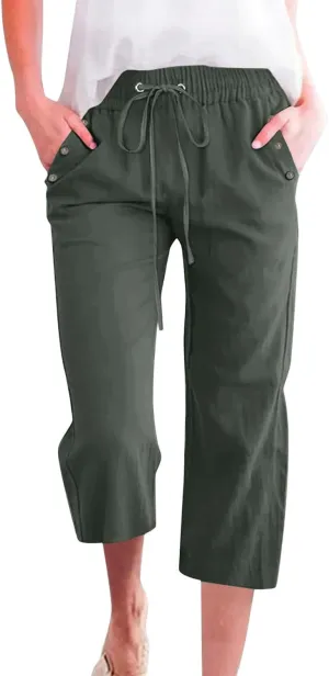 Capri Pants for Women 2025 Summer - Cotton Linen Wide Leg Cropped Trouser, Elastic Waist & Drawstring