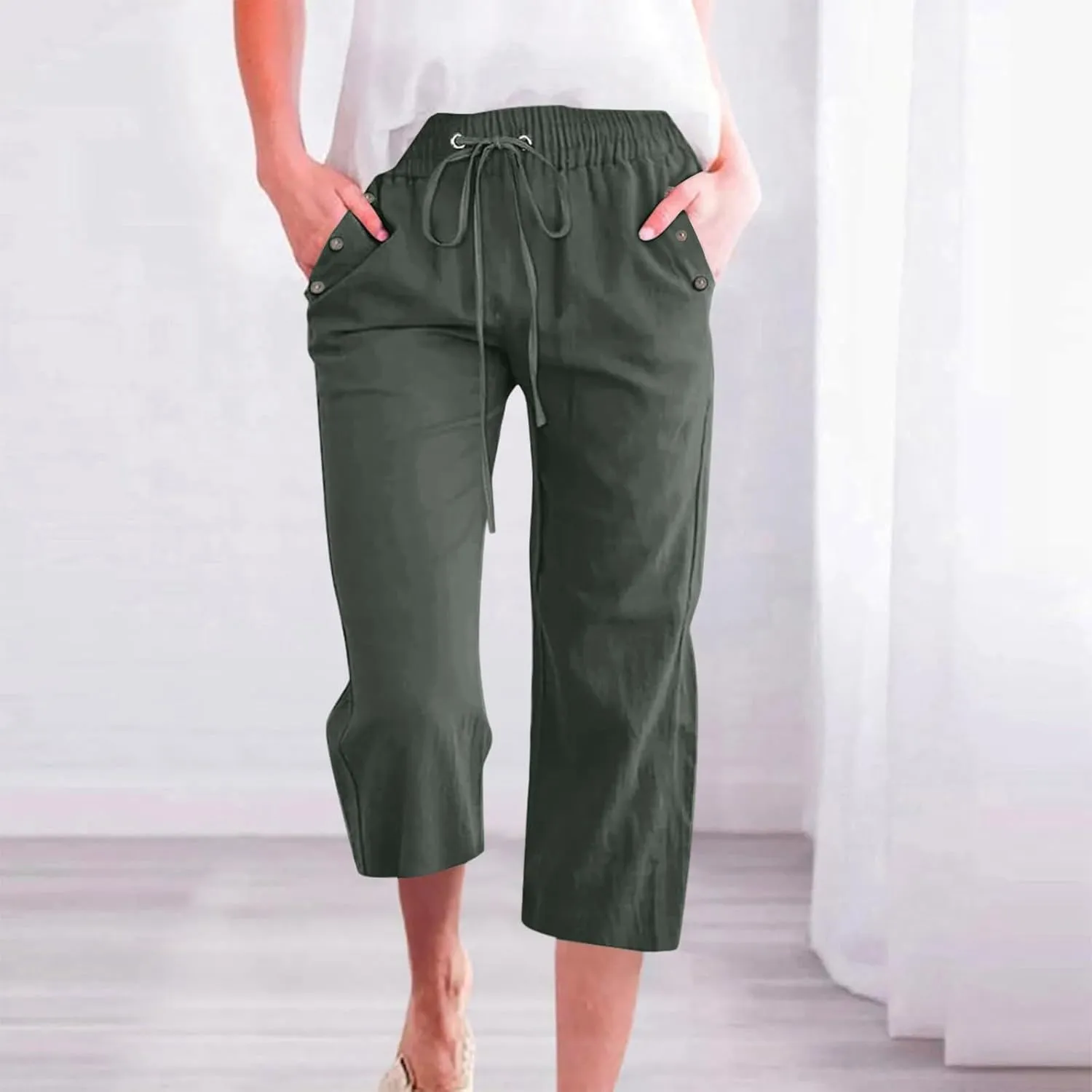 Capri Pants for Women 2025 Summer - Cotton Linen Wide Leg Cropped Trouser, Elastic Waist & Drawstring