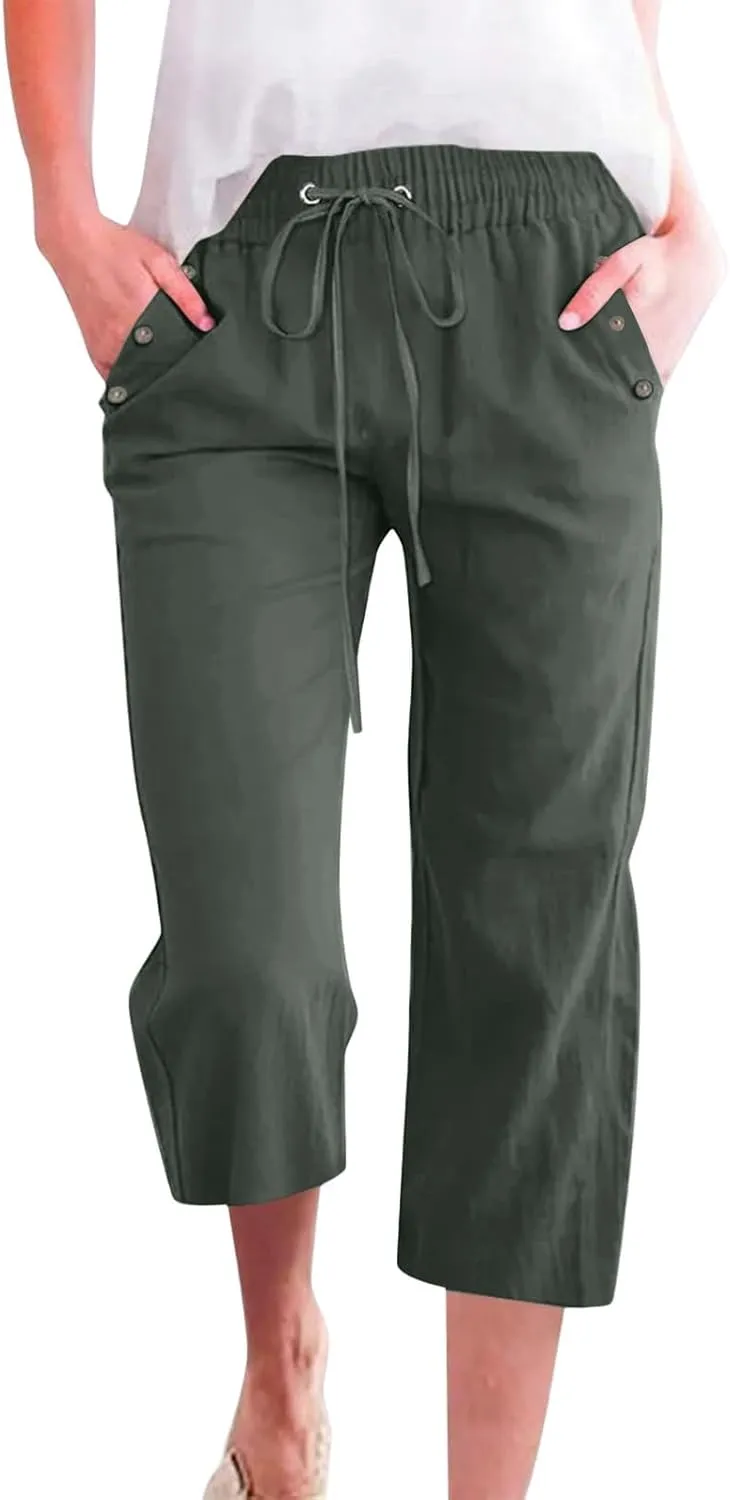 Capri Pants for Women 2025 Summer - Cotton Linen Wide Leg Cropped Trouser, Elastic Waist & Drawstring