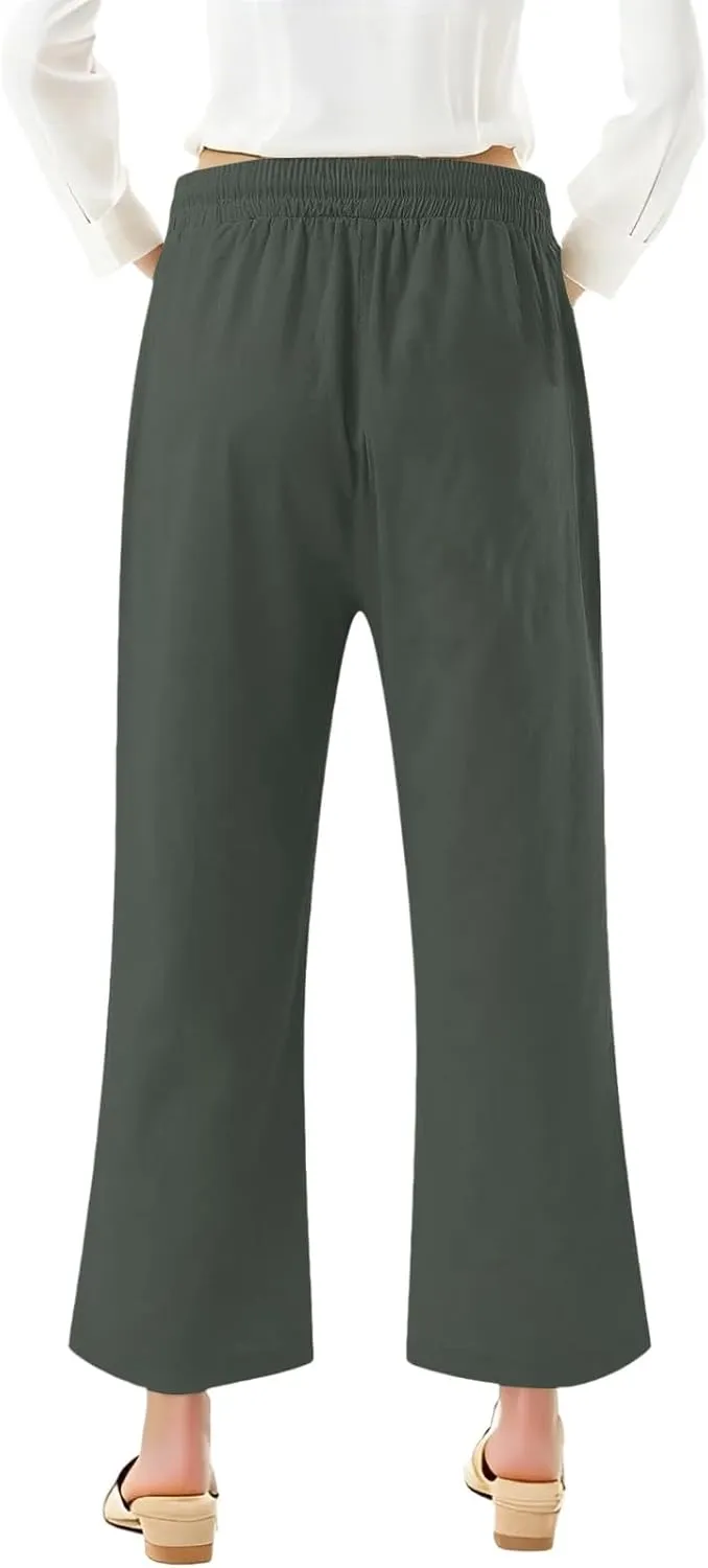 Capri Pants for Women 2025 Summer - Cotton Linen Wide Leg Cropped Trouser, Elastic Waist & Drawstring