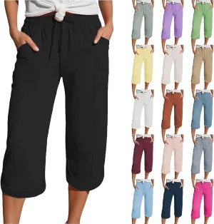 Capri Pants for Women Casual 2025 Wide Leg Drawstring Elastic Waist Loose Cropped Trousers Summer Outfit with Pockets