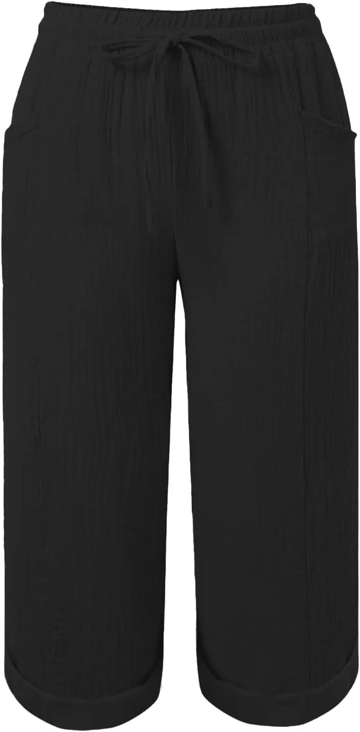 Capri Pants for Women Casual 2025 Wide Leg Drawstring Elastic Waist Loose Cropped Trousers Summer Outfit with Pockets