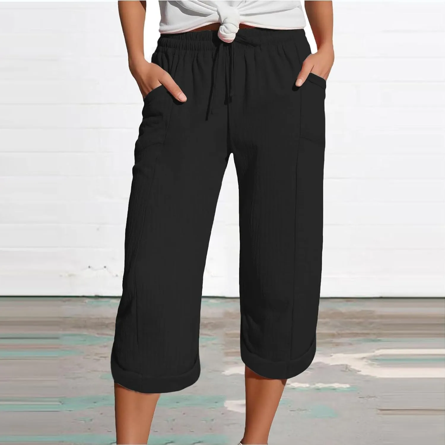 Capri Pants for Women Casual 2025 Wide Leg Drawstring Elastic Waist Loose Cropped Trousers Summer Outfit with Pockets