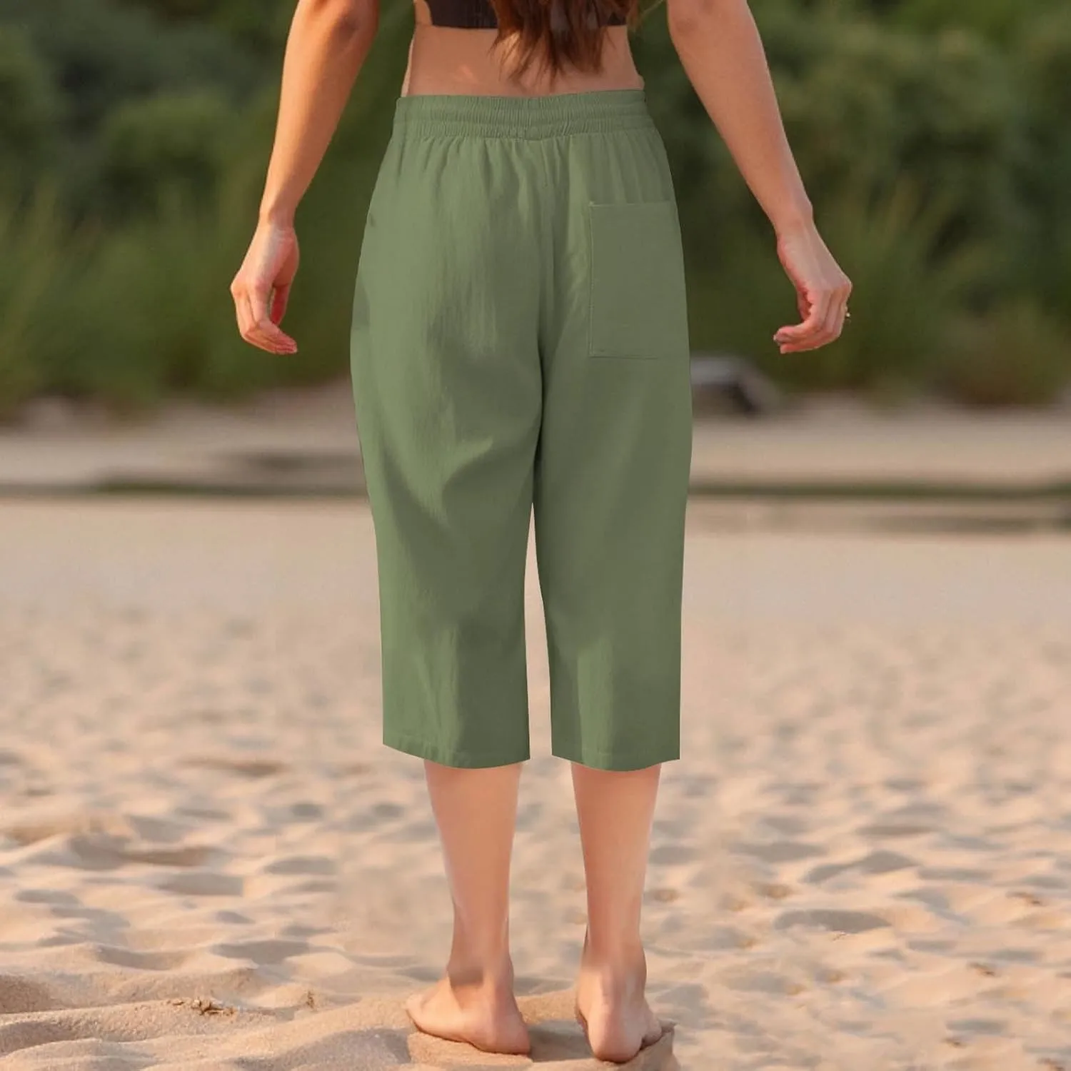 Capri Pants for Women Linen Casual Summer 2025 Straight Leg Pant Loose Drawstring Elastic Waist Cropped Trousers