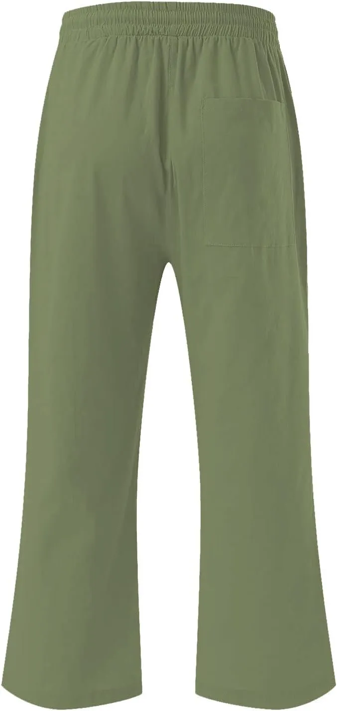 Capri Pants for Women Linen Casual Summer 2025 Straight Leg Pant Loose Drawstring Elastic Waist Cropped Trousers