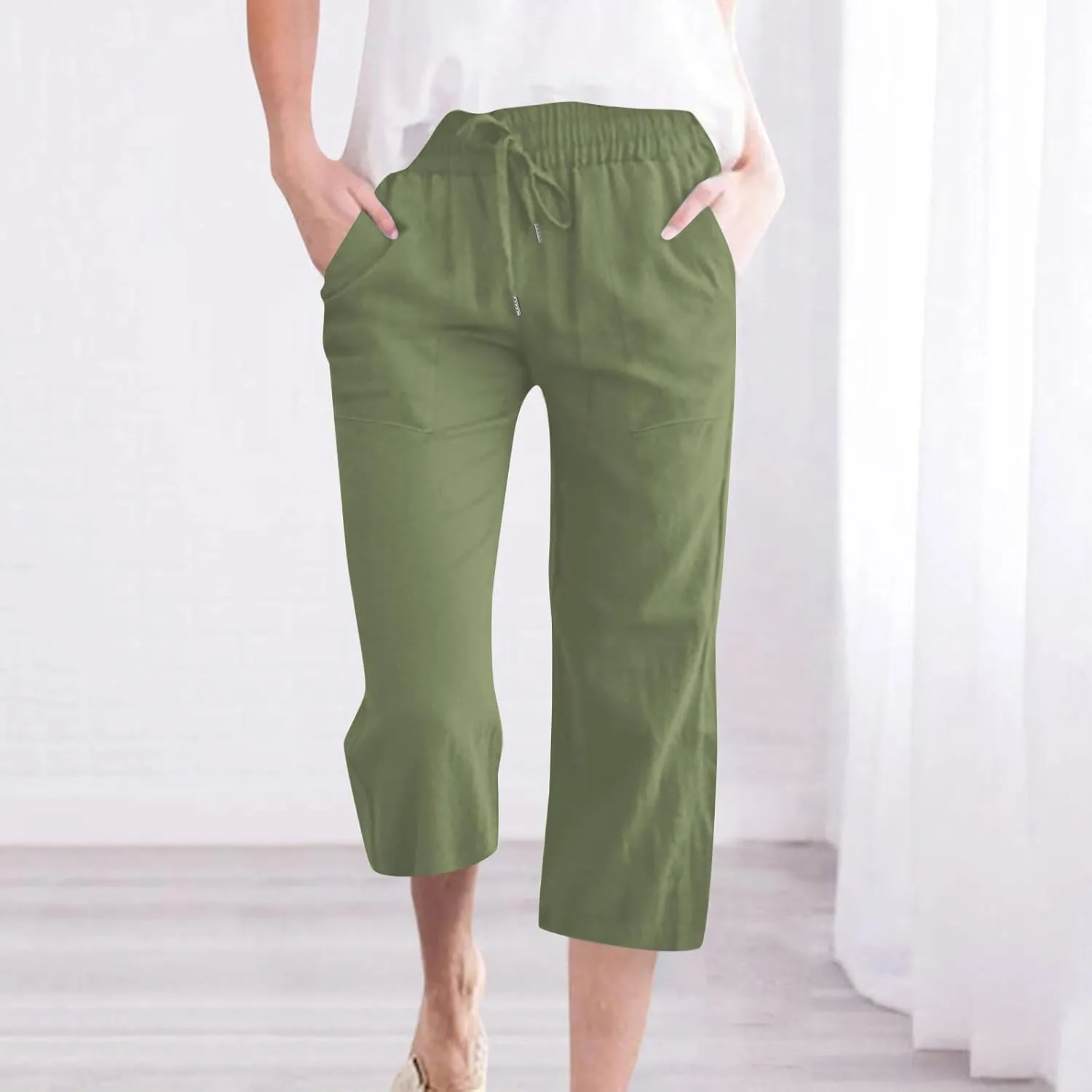 Capri Pants for Women Linen Casual Summer 2025 Straight Leg Pant Loose Drawstring Elastic Waist Cropped Trousers