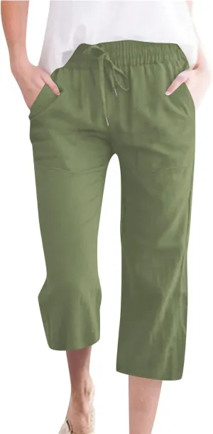 Capri Pants for Women Linen Casual Summer 2025 Straight Leg Pant Loose Drawstring Elastic Waist Cropped Trousers
