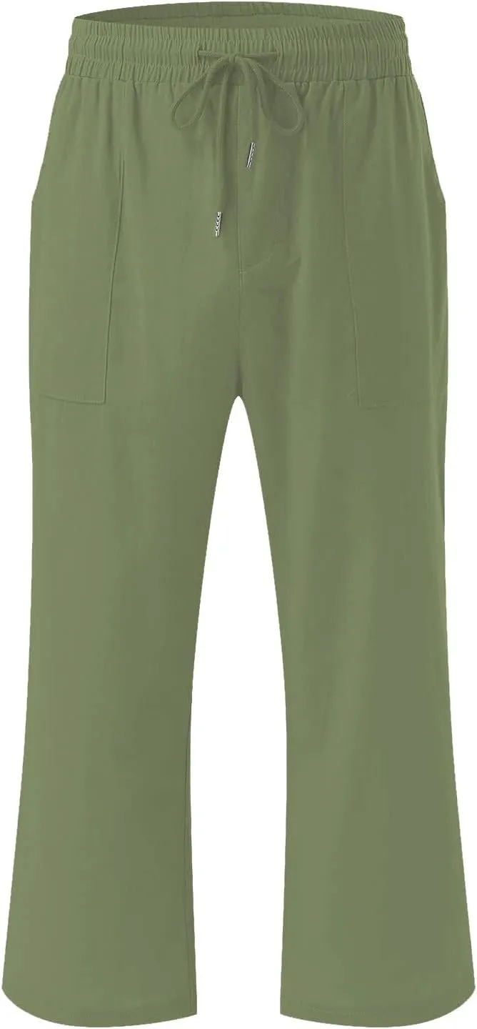 Capri Pants for Women Linen Casual Summer 2025 Straight Leg Pant Loose Drawstring Elastic Waist Cropped Trousers
