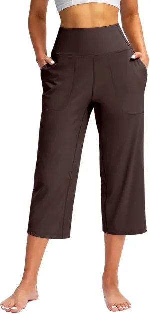 Capri Pants for Women Summer Casual Elastic Waist Wide Leg Cropped Trousers Plus Size Tummy Control Petite Yoga Pants