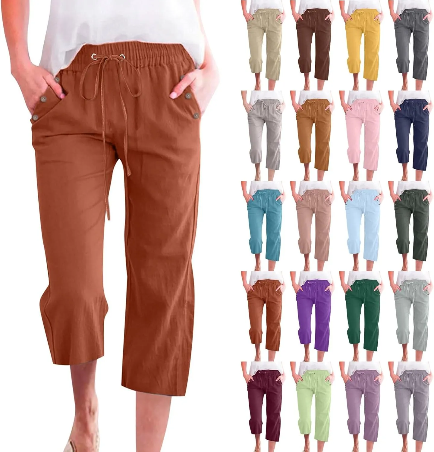 Capris Pants for Women Cotton Linen Casual Summer 2025 Straight Wide Leg Drawstring Elastic Waist Cropped Trouser