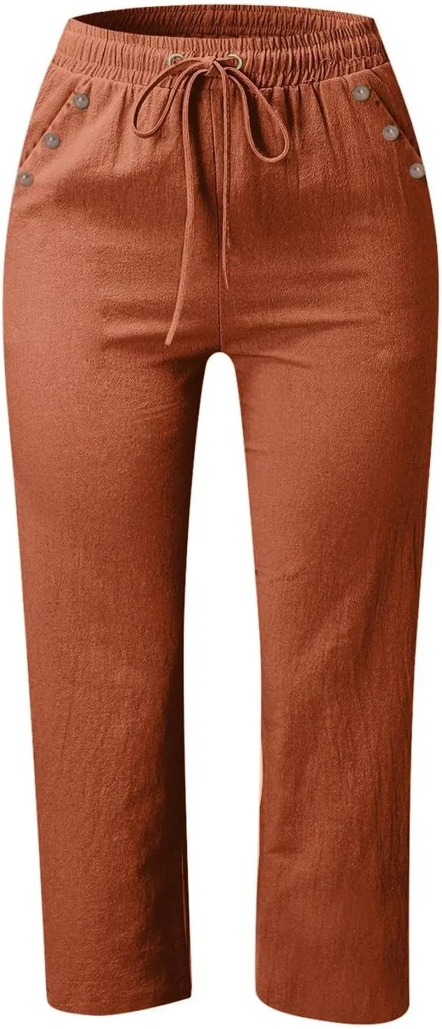 Capris Pants for Women Cotton Linen Summer 2025 Casual Straight Wide Leg Loose Drawstring Elastic Waist Cropped Trouser