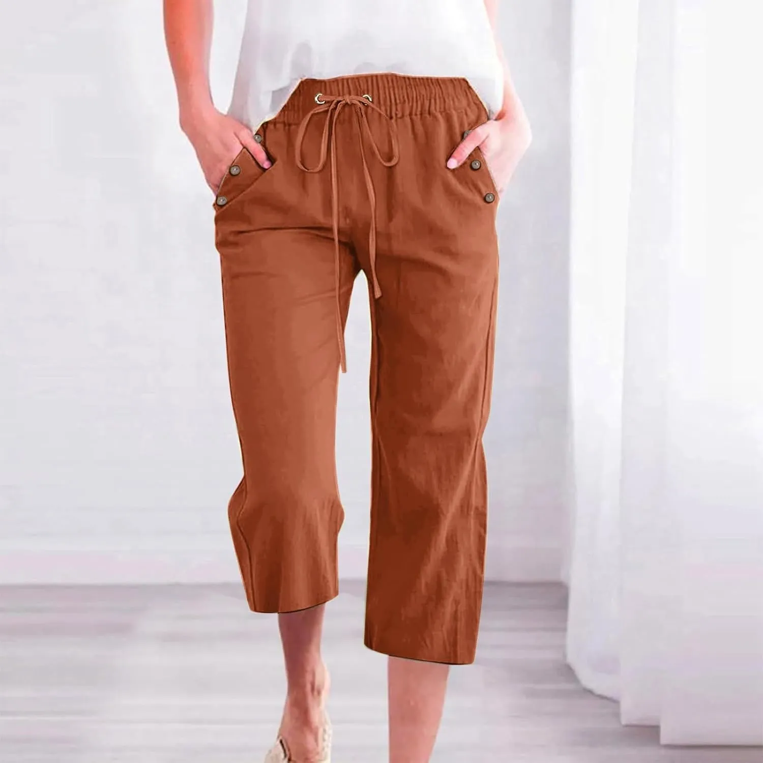 Capris Pants for Women Cotton Linen Summer 2025 Casual Straight Wide Leg Loose Drawstring Elastic Waist Cropped Trouser