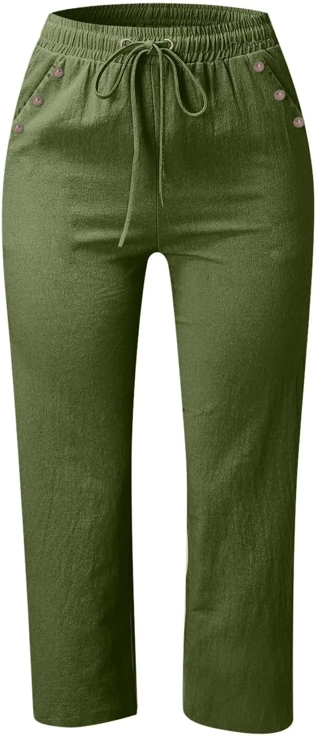 Capris Pants for Women Cotton Linen Summer 2025 Casual Straight Wide Leg Loose Drawstring Elastic Waist Cropped Trouser