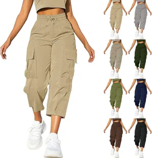Cargo Capris for Women with Pocket Summer Mid Rise Lightweight Elastic Waist Pants Stretchy Tactical Tavel Hiking Pant
