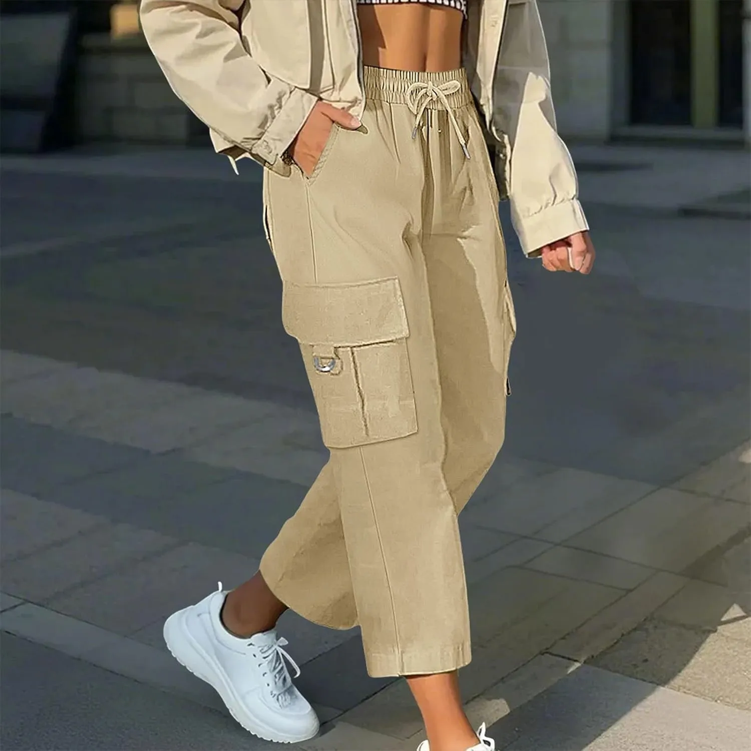 Cargo Capris for Women with Pocket Summer Mid Rise Lightweight Elastic Waist Pants Stretchy Tactical Tavel Hiking Pant