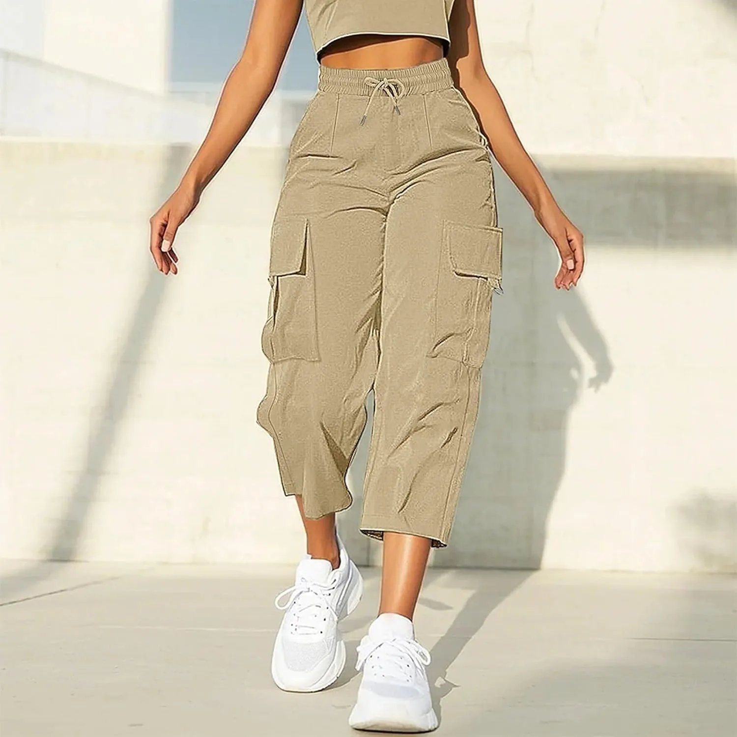 Cargo Capris for Women with Pocket Summer Mid Rise Lightweight Elastic Waist Pants Stretchy Tactical Tavel Hiking Pant