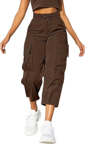Cargo Capris for Women with Pocket Summer Mid Rise Lightweight Elastic Waist Pants Stretchy Tactical Tavel Hiking Pant