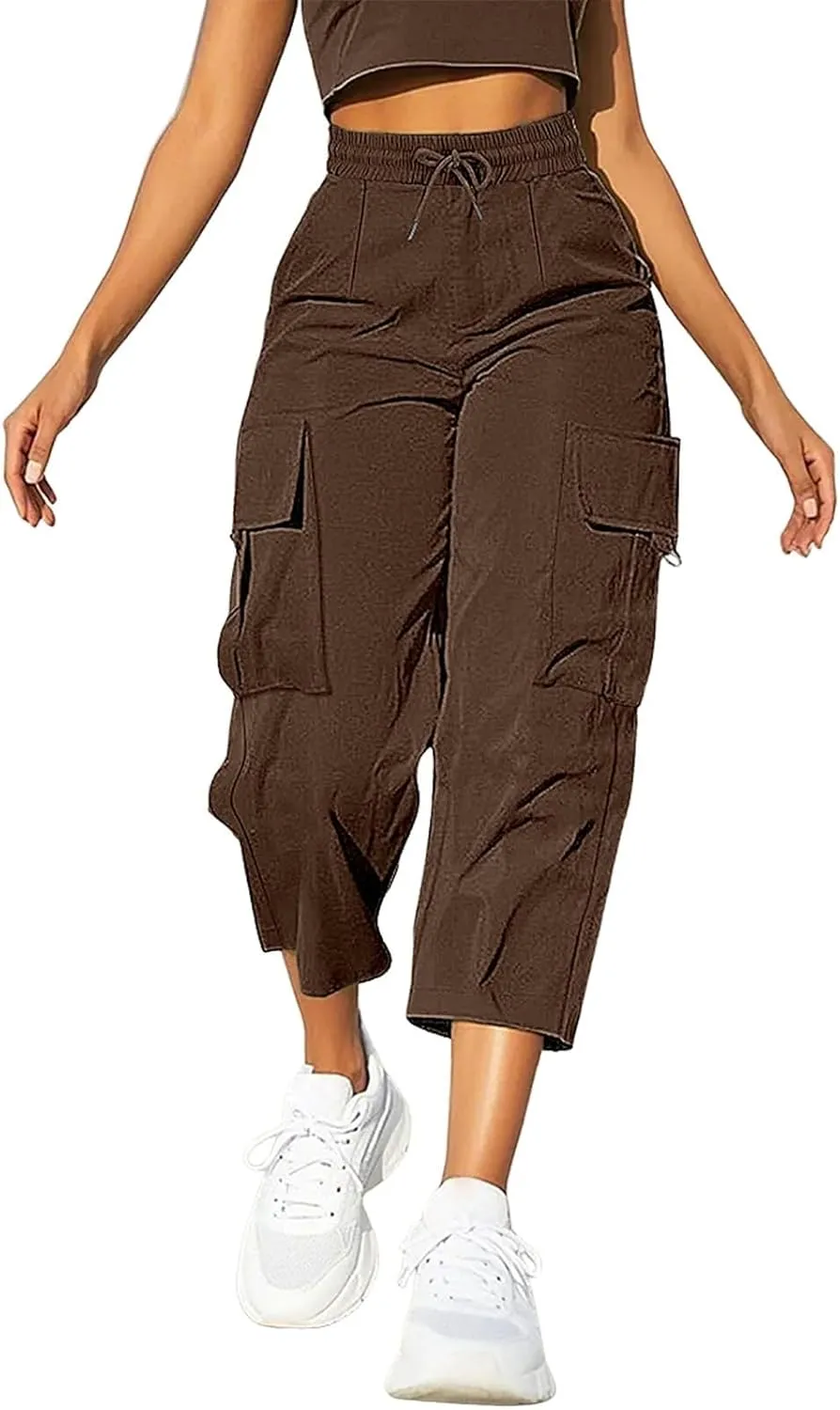 Cargo Capris for Women with Pocket Summer Mid Rise Lightweight Elastic Waist Pants Stretchy Tactical Tavel Hiking Pant