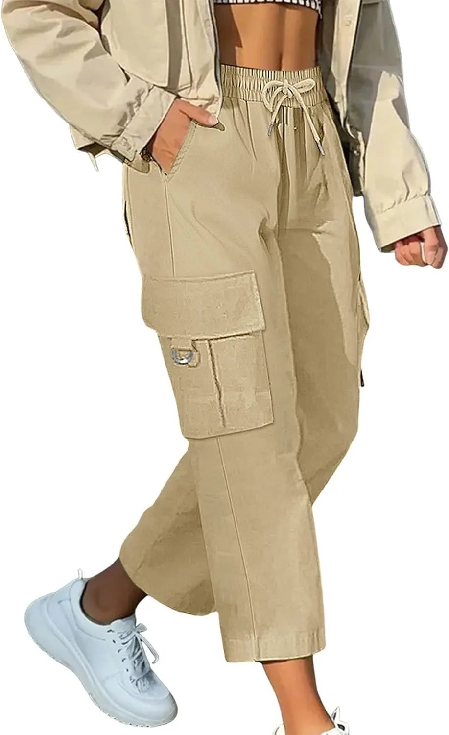 Cargo Capris for Women with Pocket Summer Mid Rise Lightweight Elastic Waist Pants Stretchy Tactical Tavel Hiking Pant