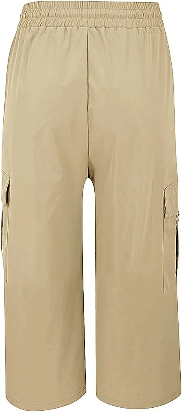Cargo Capris for Women with Pocket Summer Mid Rise Lightweight Elastic Waist Pants Stretchy Tactical Tavel Hiking Pant