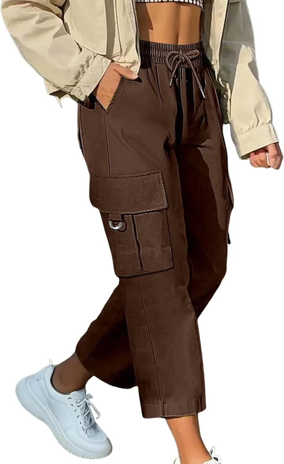 Cargo Capris for Women with Pocket Summer Mid Rise Lightweight Elastic Waist Pants Stretchy Tactical Tavel Hiking Pant